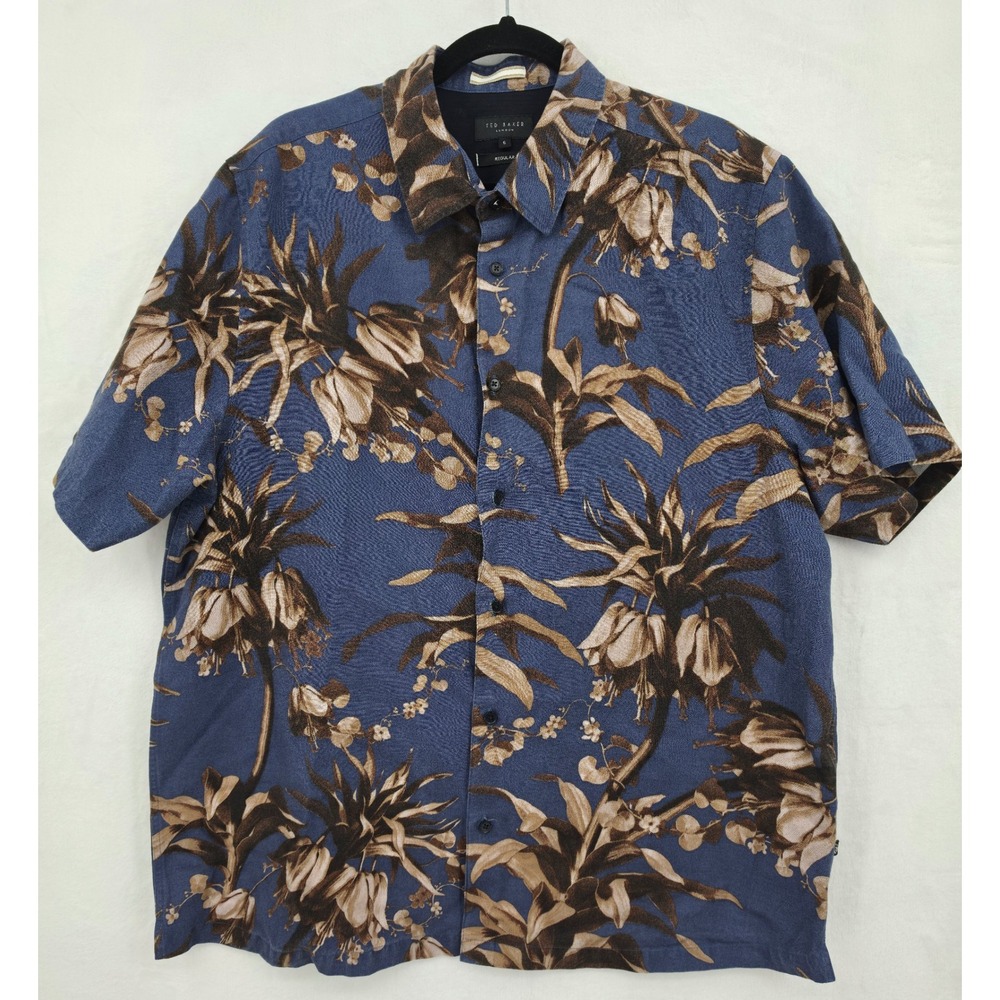 Ted Baker London Mens Blue Floral Short Sleeve Button Up Shirt Linen 6 XXL